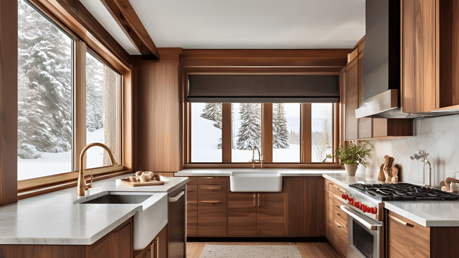 A cozy Canadian kitchen with custom walnut cabinets, featuring a snow-covered window in the background to reflect Canada’s climate. The cabinets are sturdy and elegant, with a family of three (clear-faced, realistic people) preparing a meal together. The image emphasizes durability, warmth, and family bonding.