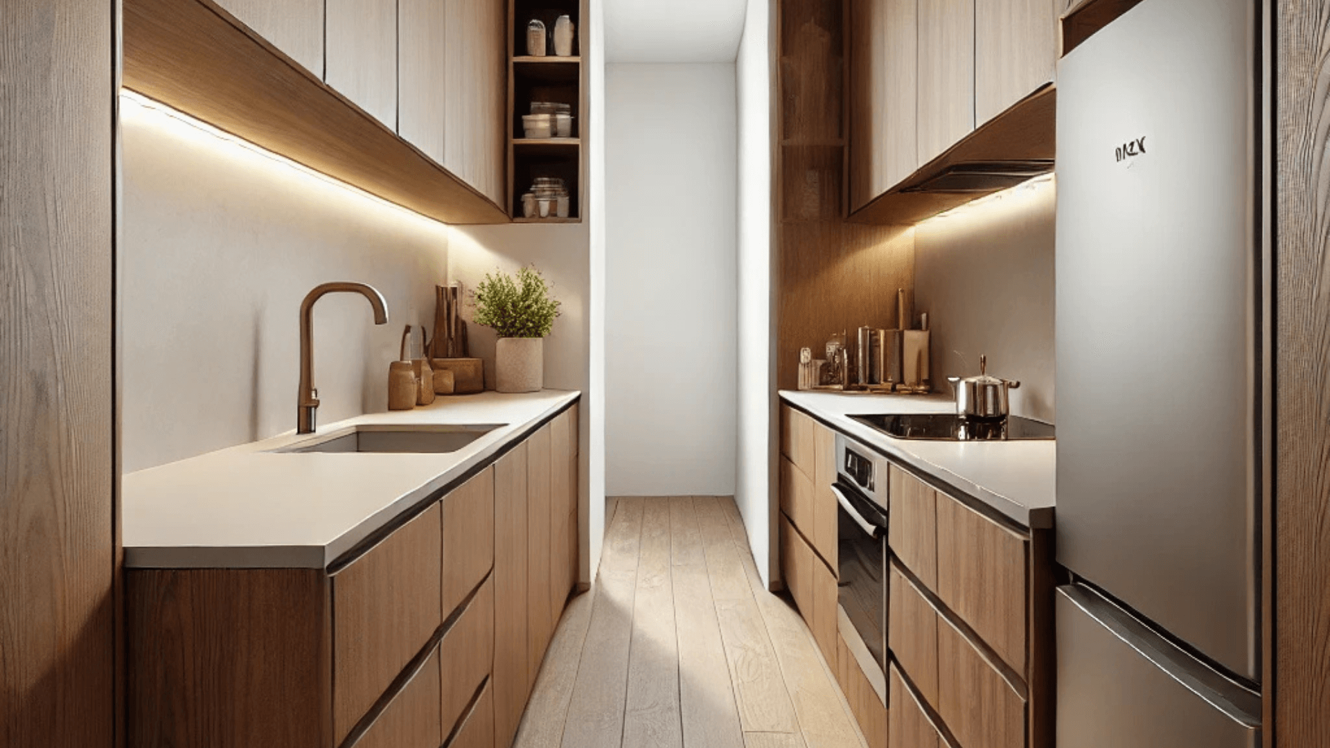 Galley Kitchen Layout,Walnut Cabinetry for Small Kitchen Spaces