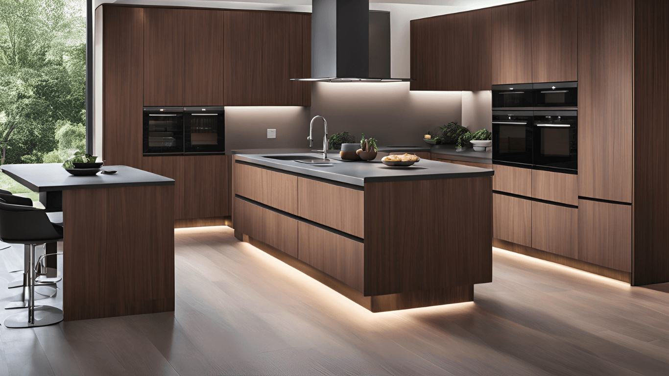 Minimalist, Handleless Walnut Cabinets