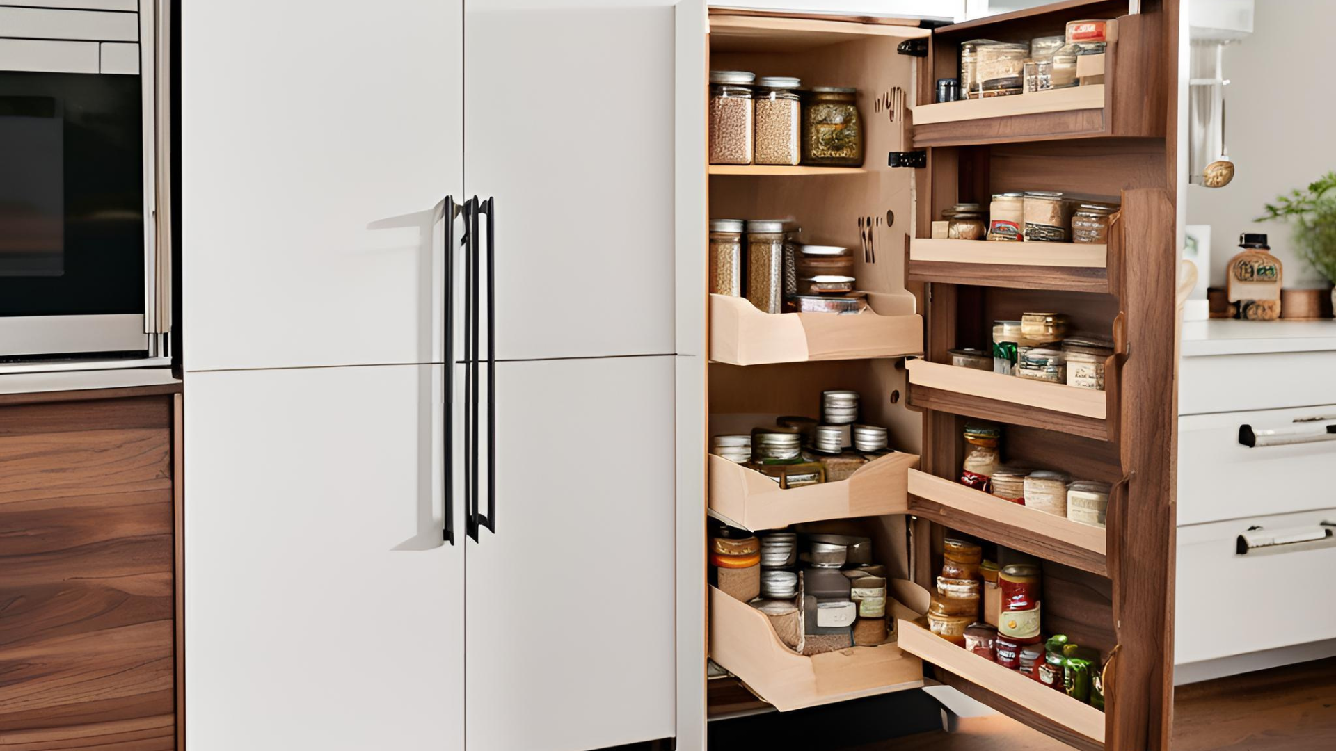 Custom Walnut Cabinets for Small Kitchens, Pull-Out Pantry Cabinets