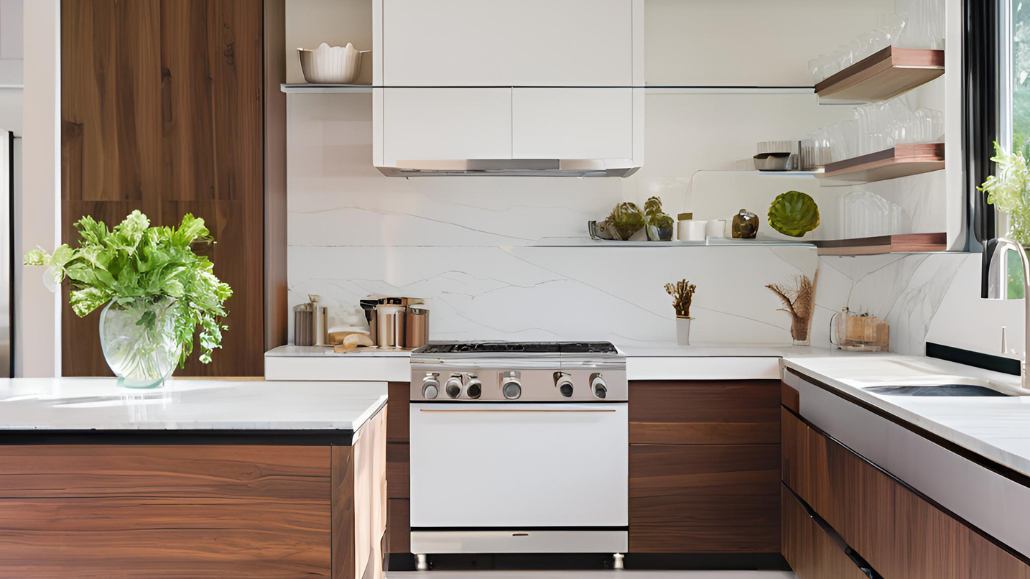 Trends in Walnut Kitchen Designs, Two-Tone Walnut Cabinetry for Contrast